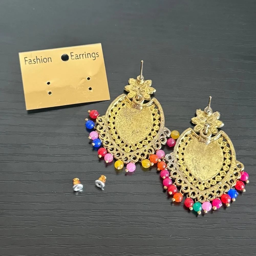 Ethnic Indian Wear Multicolor Gold Earrings - Picture 2 of 8